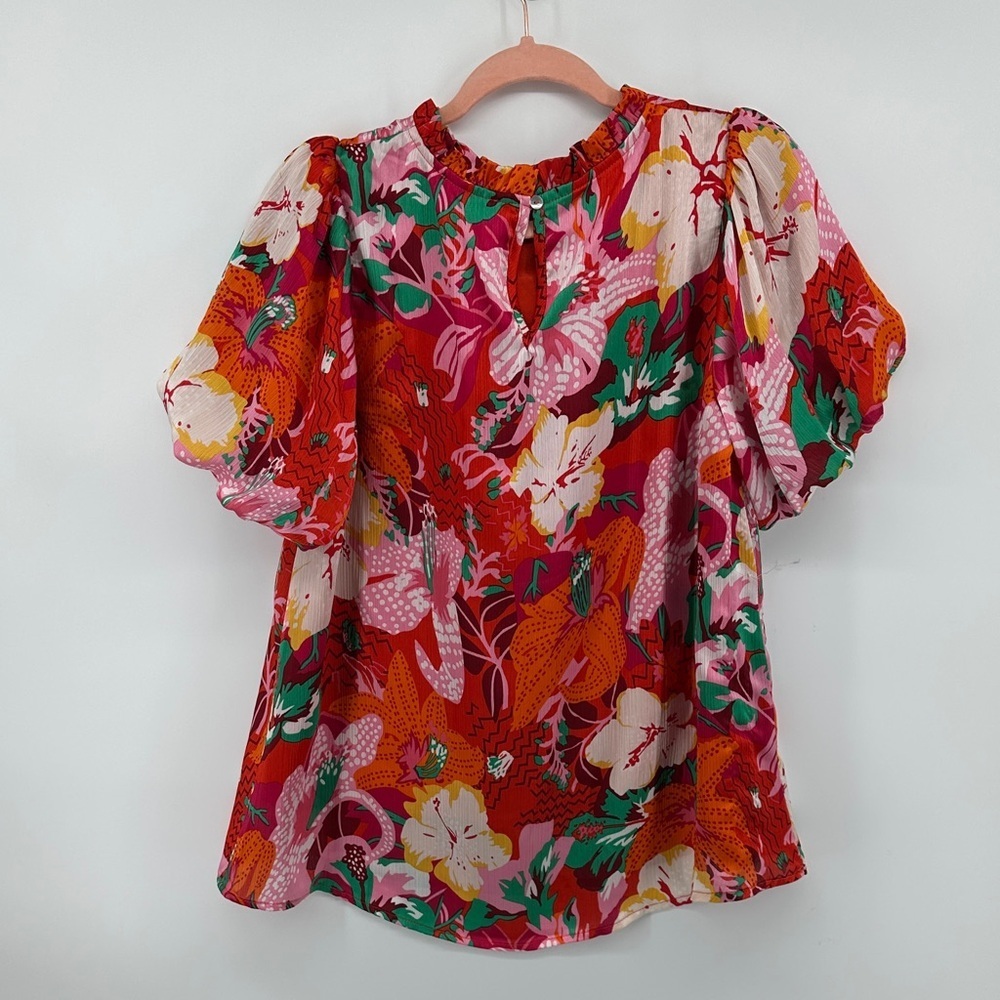 Hudson Gray Cottagecore Maximalism Boho Tropical Resort Floral Red/Pink Top SzM - Picture 6 of 13